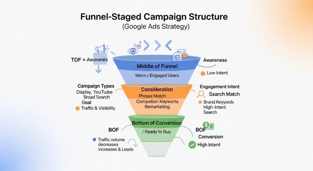 A funnel-staged campaign structure separates traffic by intent level